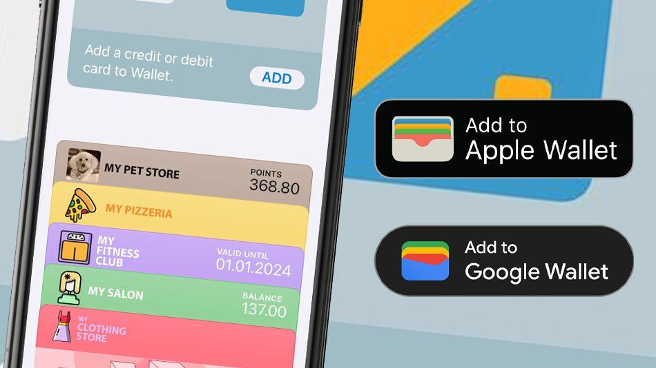 Smartphone app screen with colorful membership cards and buttons to add to Apple Wallet or Google Wallet