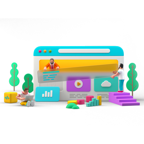 Colorful 3D website dashboard with charts, video, cloud icons, and a person on a laptop screen