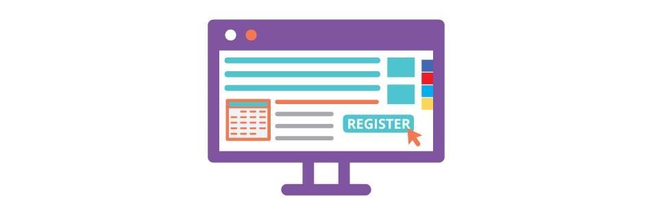 Purple computer monitor showing a web registration form with a “REGISTER” button.