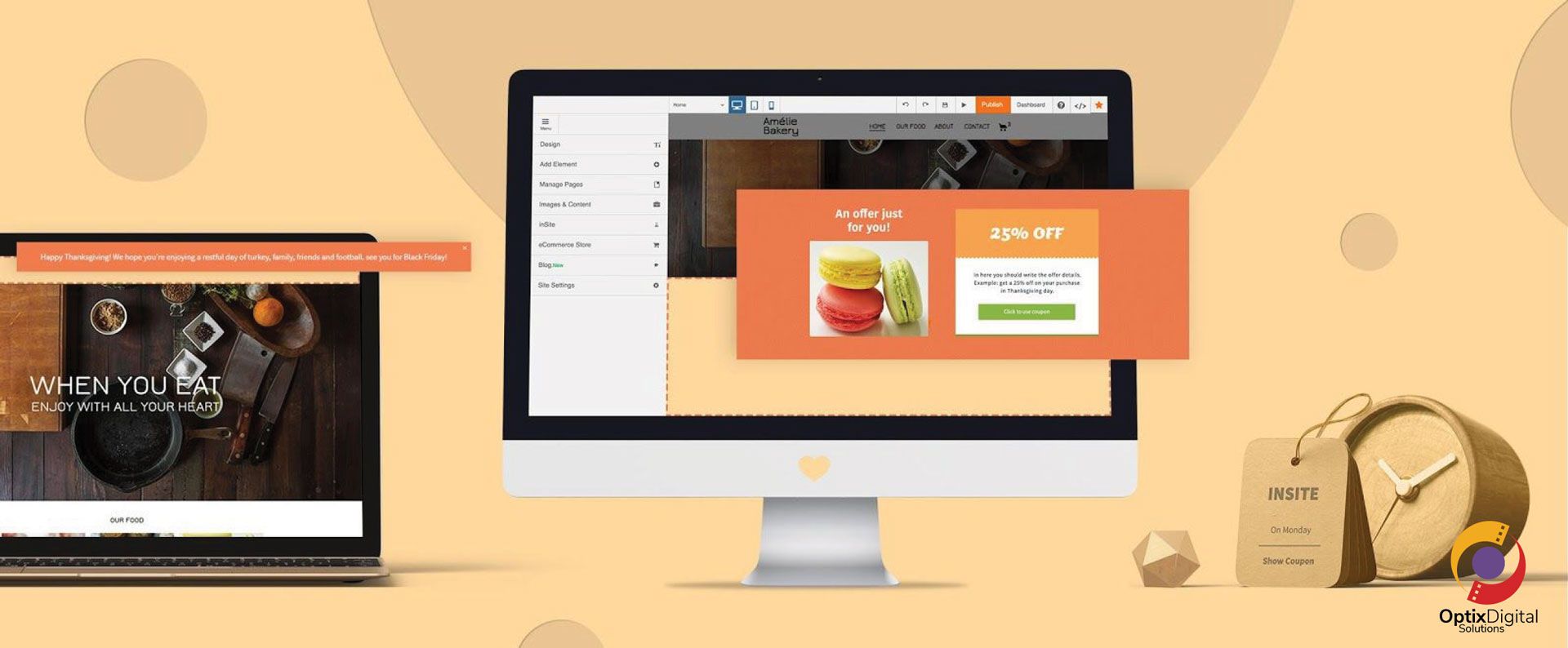 Desktop mockup showing a website on a monitor, with a coffee cup, package, and clock on a beige background