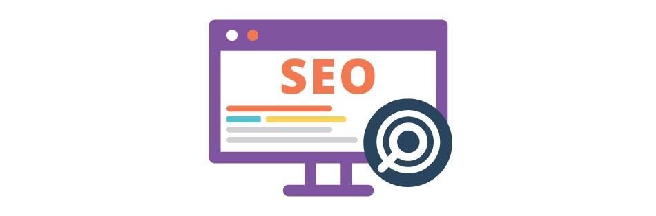 SEO analytics icon with computer monitor and magnifying glass, in purple and orange