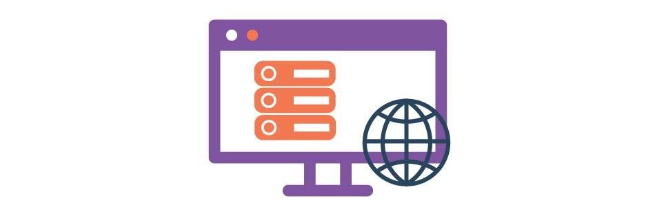 Purple browser window with orange list items and a globe icon, suggesting a website or web app.