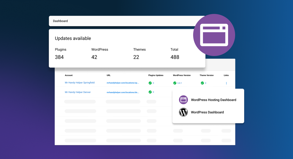 Website dashboard with a purple header and a profile popover menu on the right