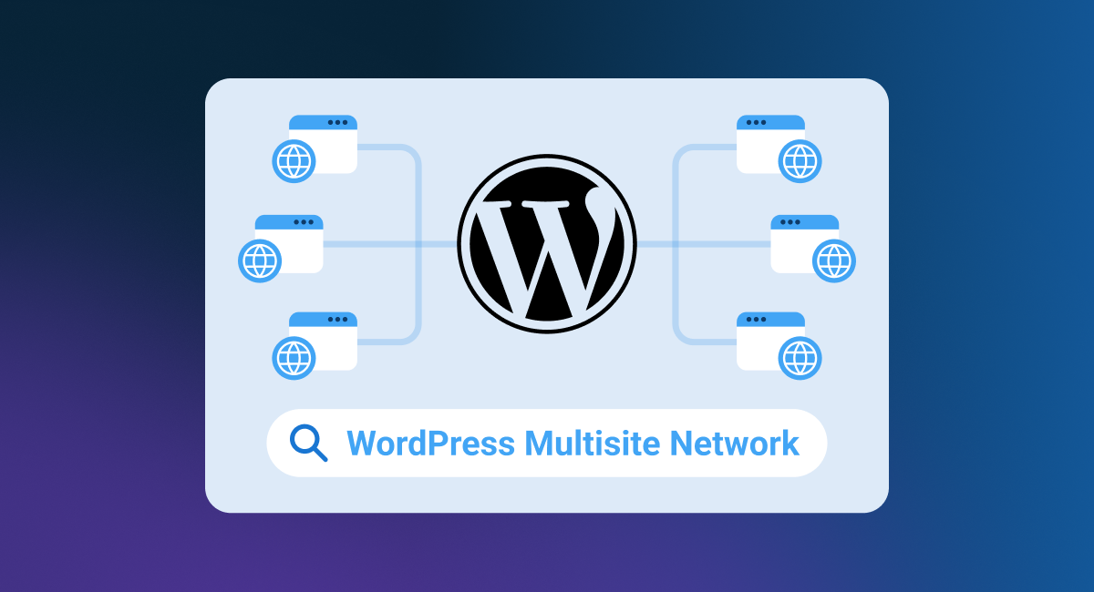 WordPress Multisite Network diagram with connected site icons on a blue background