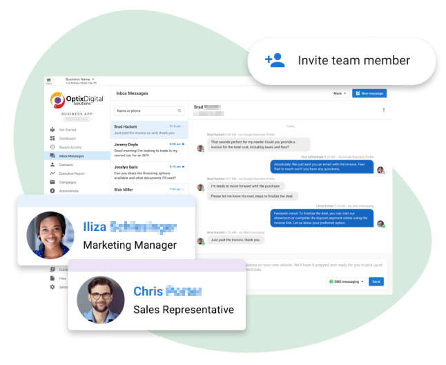 Team collaboration dashboard with chat bubbles and member cards on a soft green background