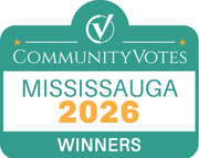 Community Votes Mississauga 2025 winner badge in teal, white, and gold