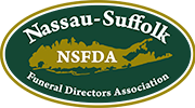 Nassau-Suffolk Funeral Directors Association logo in green, gold, and white with oval emblem and initials NSFDA