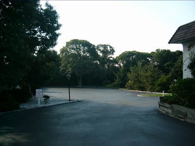 Empty paved parking area beside trees and a white building at dusk