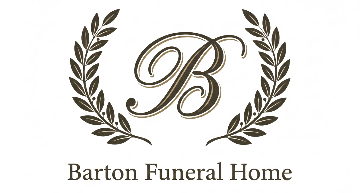 Barton Funeral Home logo: Script "B" inside a laurel wreath, with text "Barton Funeral Home" below.