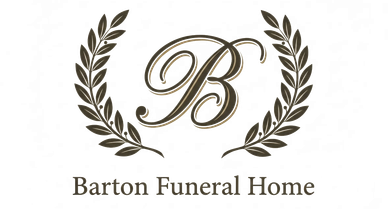Barton Funeral Home logo: Script "B" inside a laurel wreath, with text "Barton Funeral Home" below.