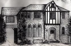 A black and white drawing of a large brick house with arched windows.