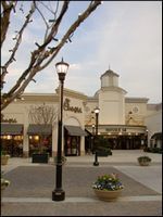 Outdoor shopping plaza with lampposts, flower planters, and storefronts under a cloudy sky