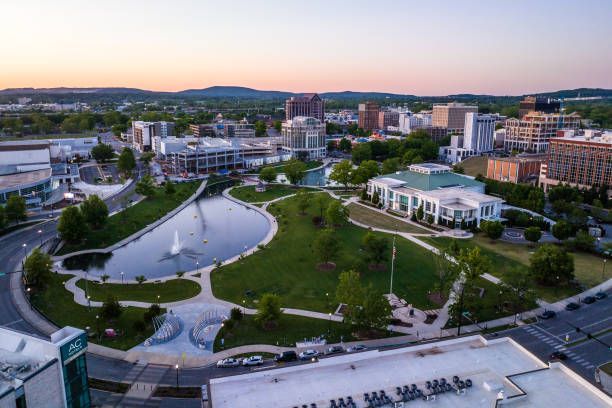 An aerial view of a city with a fountain in the middle of it — HBP Electrical LLC — Huntsville, AL