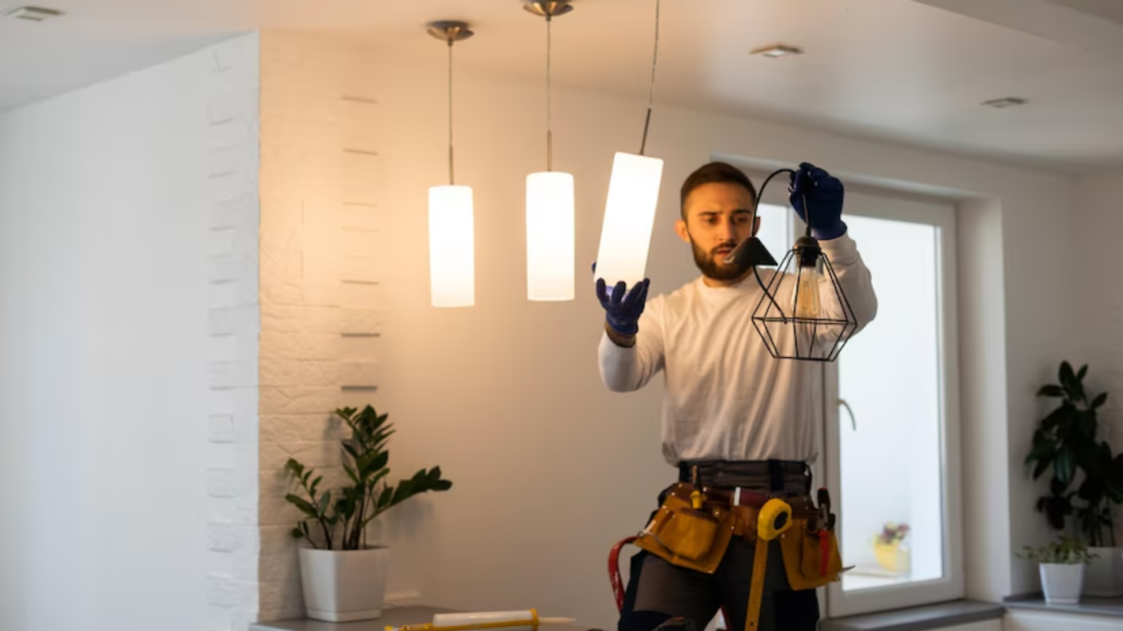 A man is installing a light fixture in a living room.