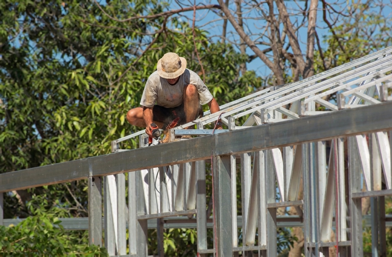 Worker installing metal roof frame with drill on construction site under trees and blue sky outdoors.