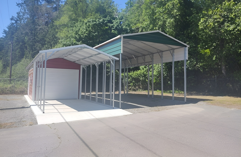 A carport with a garage attached to it is sitting on the side of a road.