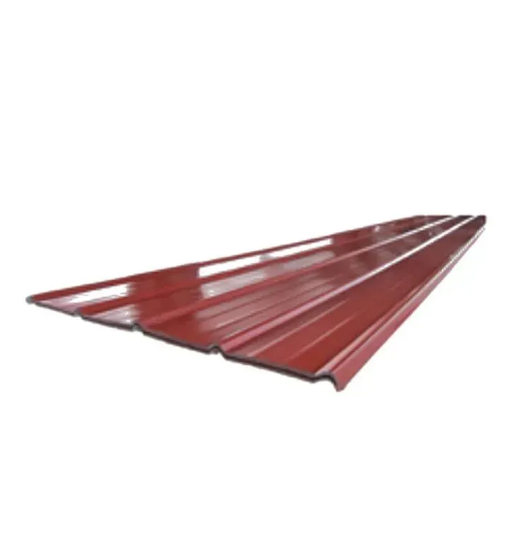 A red metal roof is laying on a white surface.