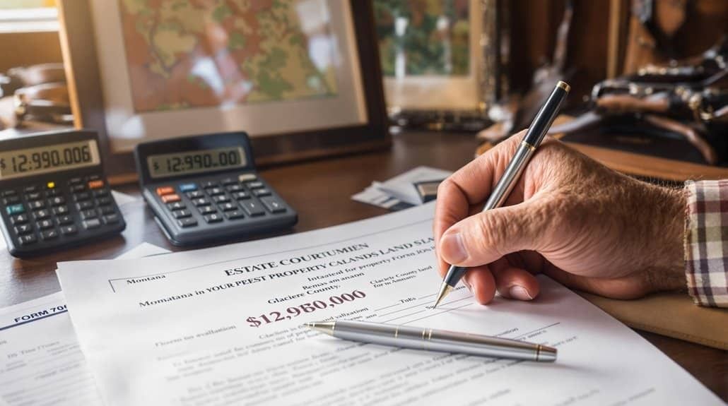 Hand writing a check on a desk beside calculators and financial papers.