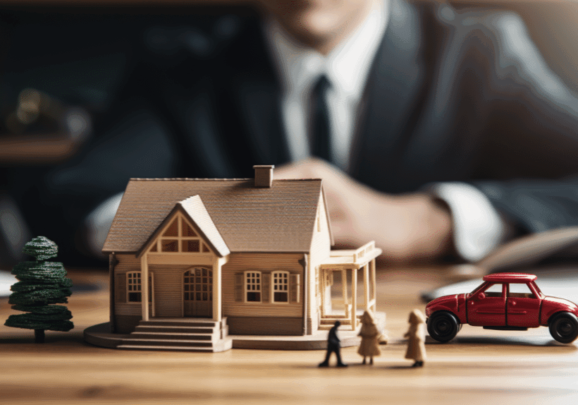 Miniature house model with two figurines and a red car on a table, with a blurred businessperson in the background