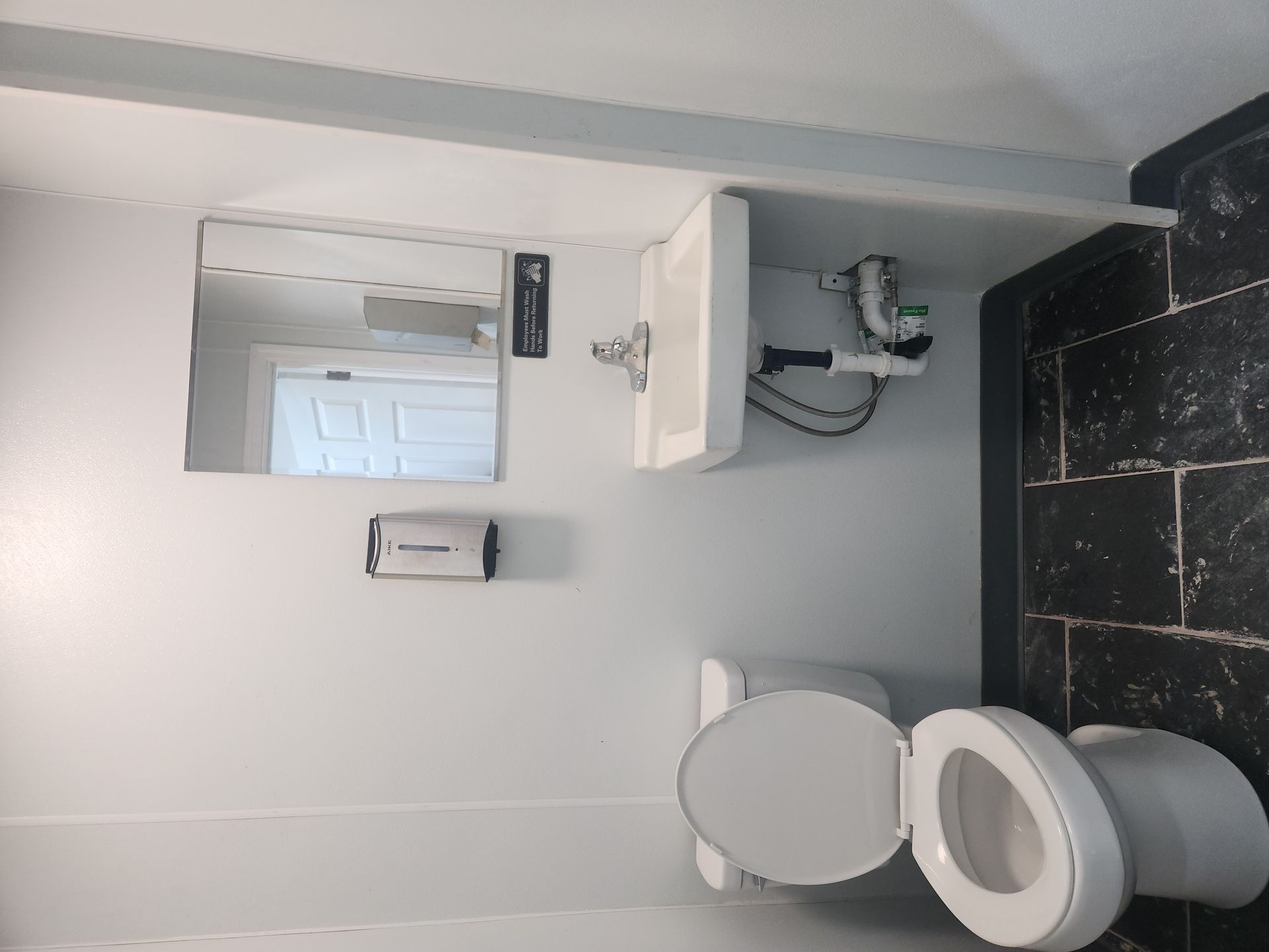 Small bathroom with white sink cabinet, mirror, and toilet; toilet seat is up.
