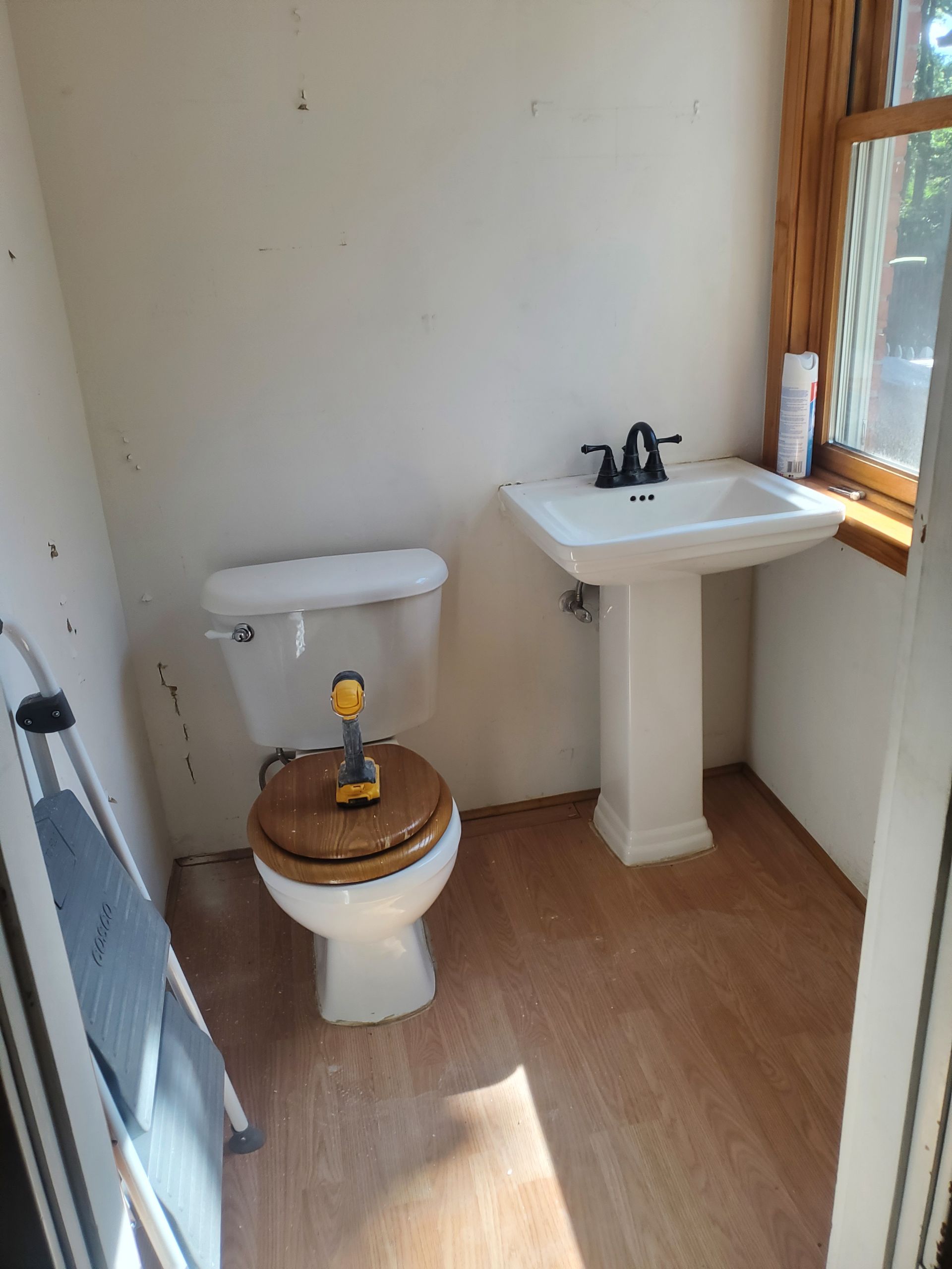Small bathroom with toilet and pedestal sink beside a window.