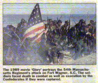 Civil War battle scene with a large American flag and soldiers charging through smoke
