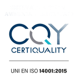 Logo CERTIQUALITY con la dicitura di certificazione “UNI EN ISO 14001:2015” su sfondo bianco.