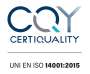 Logo CERTIQUALITY con la dicitura di certificazione “UNI EN ISO 14001:2015” su sfondo bianco.
