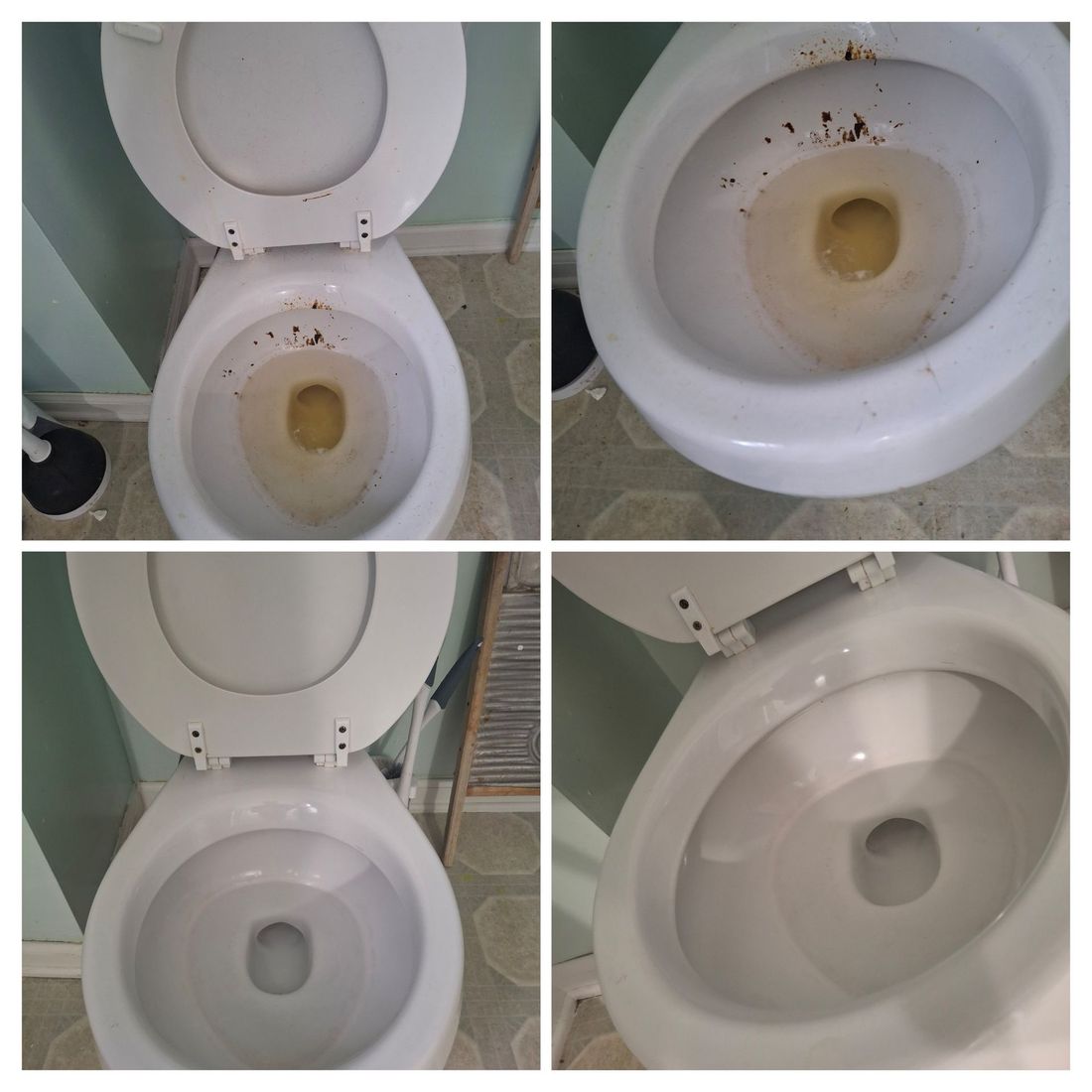 Before and after of a toilet that SG Cleaners went savage on and left it sparkling clean.