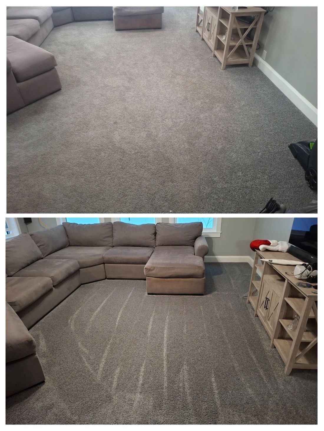 Freshly vacuumed and cleaned living room carpet and sectional by SG Cleaners in Massillon, OH