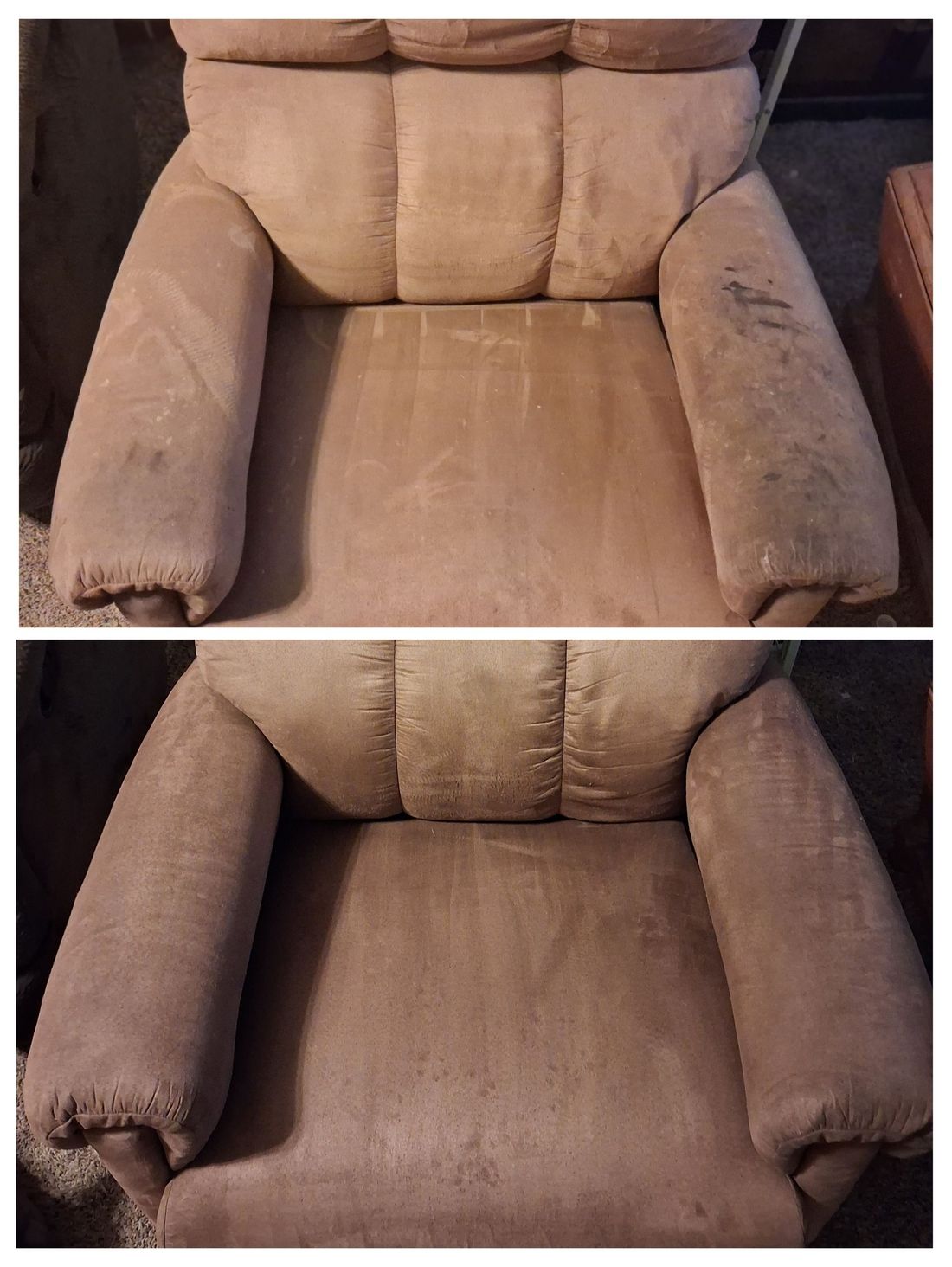 Before & After of a chair scrubbed by SG Cleaners in Massillon 