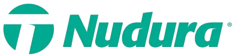 Logo Nudura : Un cercle de couleur turquoise avec une forme en « T » stylisée à l’intérieur, accompagné du texte « Nudura ».