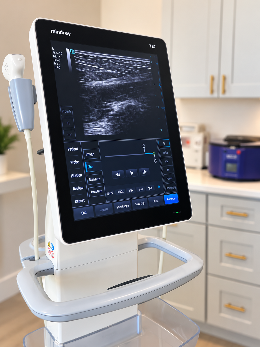 Ultrasound machine on a wheeled stand in a clinic room, with a touchscreen displaying a scan.