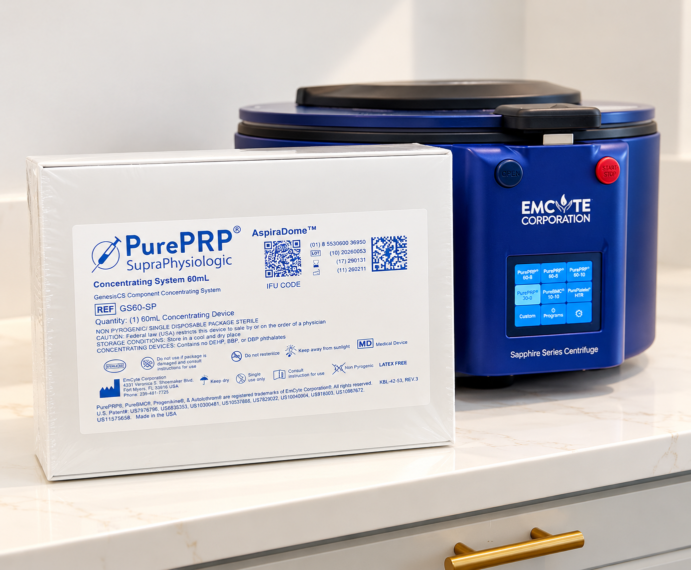 White PurePRP box beside blue centrifuge on a countertop