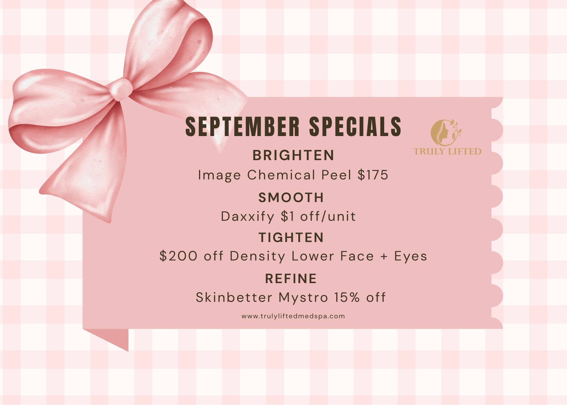 Pink September Specials spa promo with ribbon and treatment list on a gingham background