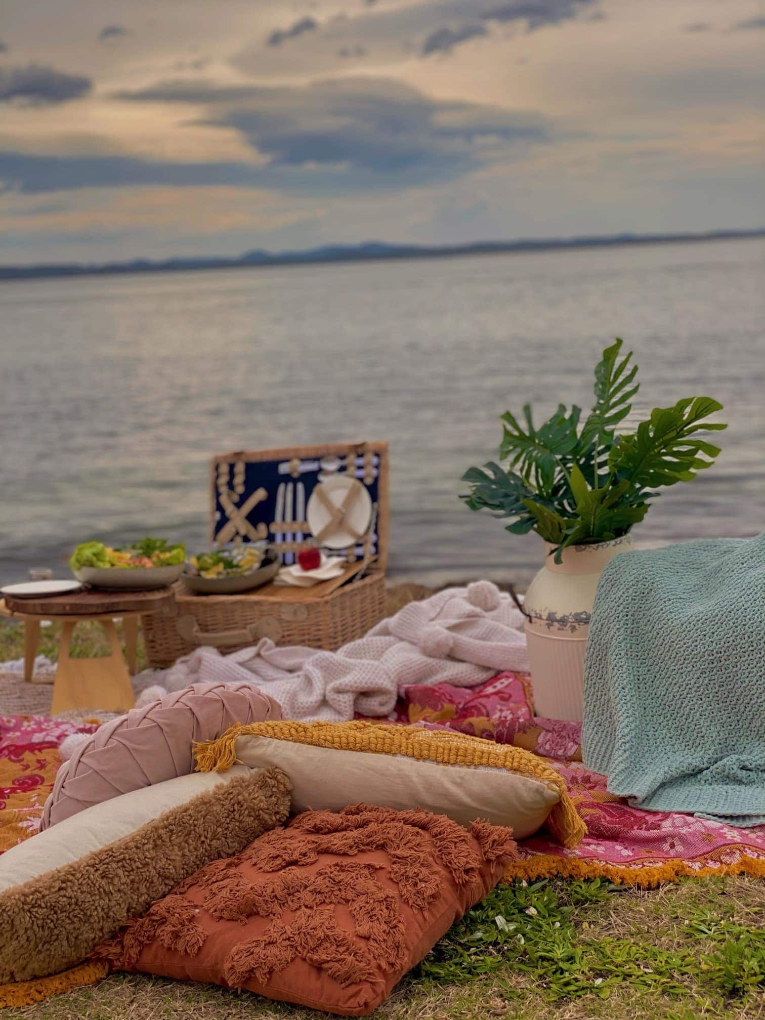 A picnic is set up on the beach with a plant for decor — Amanda Douglass Catering Service in Corlette, NSW