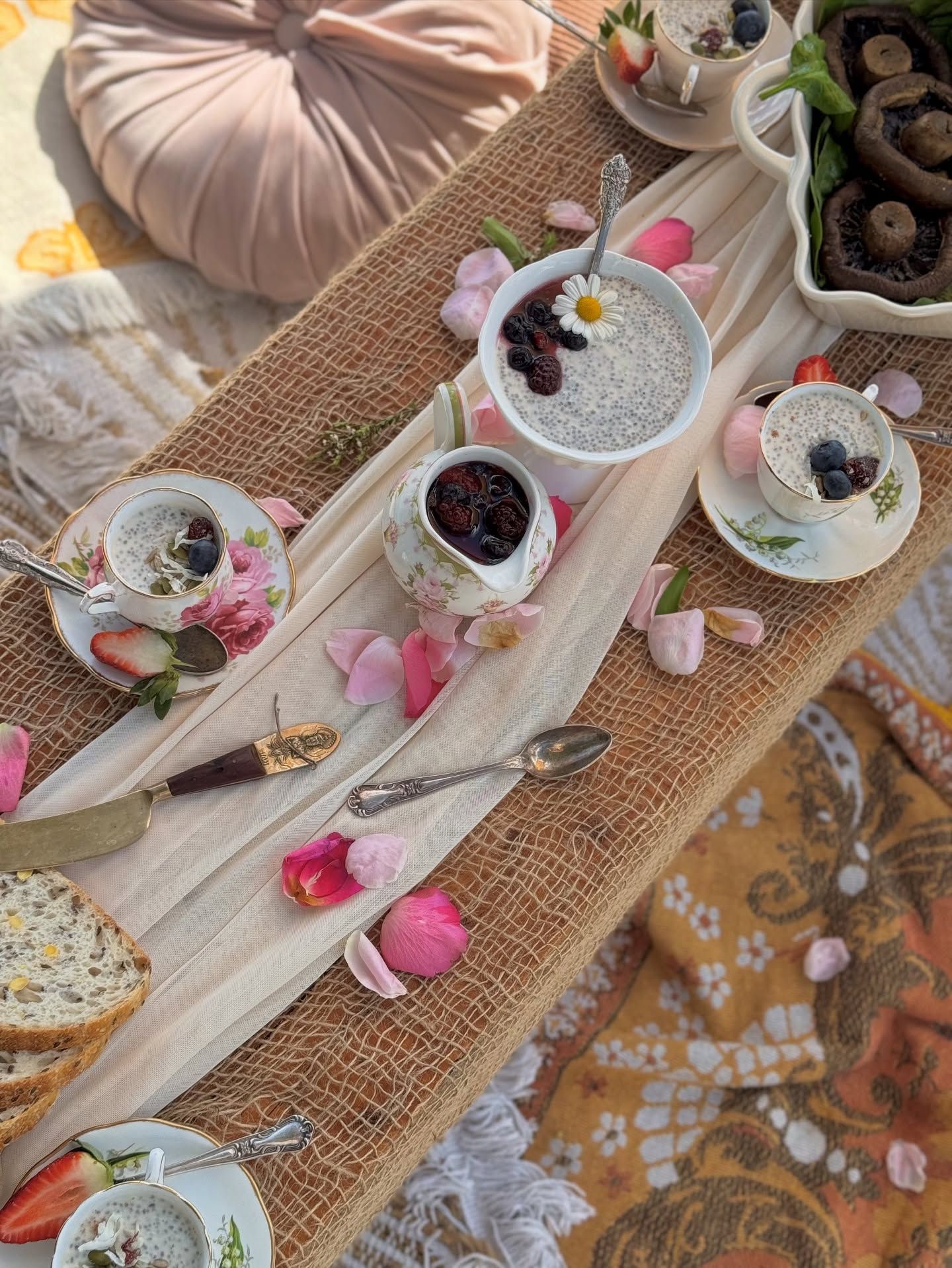 Chia puddings and a pot of tea are displayed on a table — Amanda Douglass Catering Service in Corlette, NSW