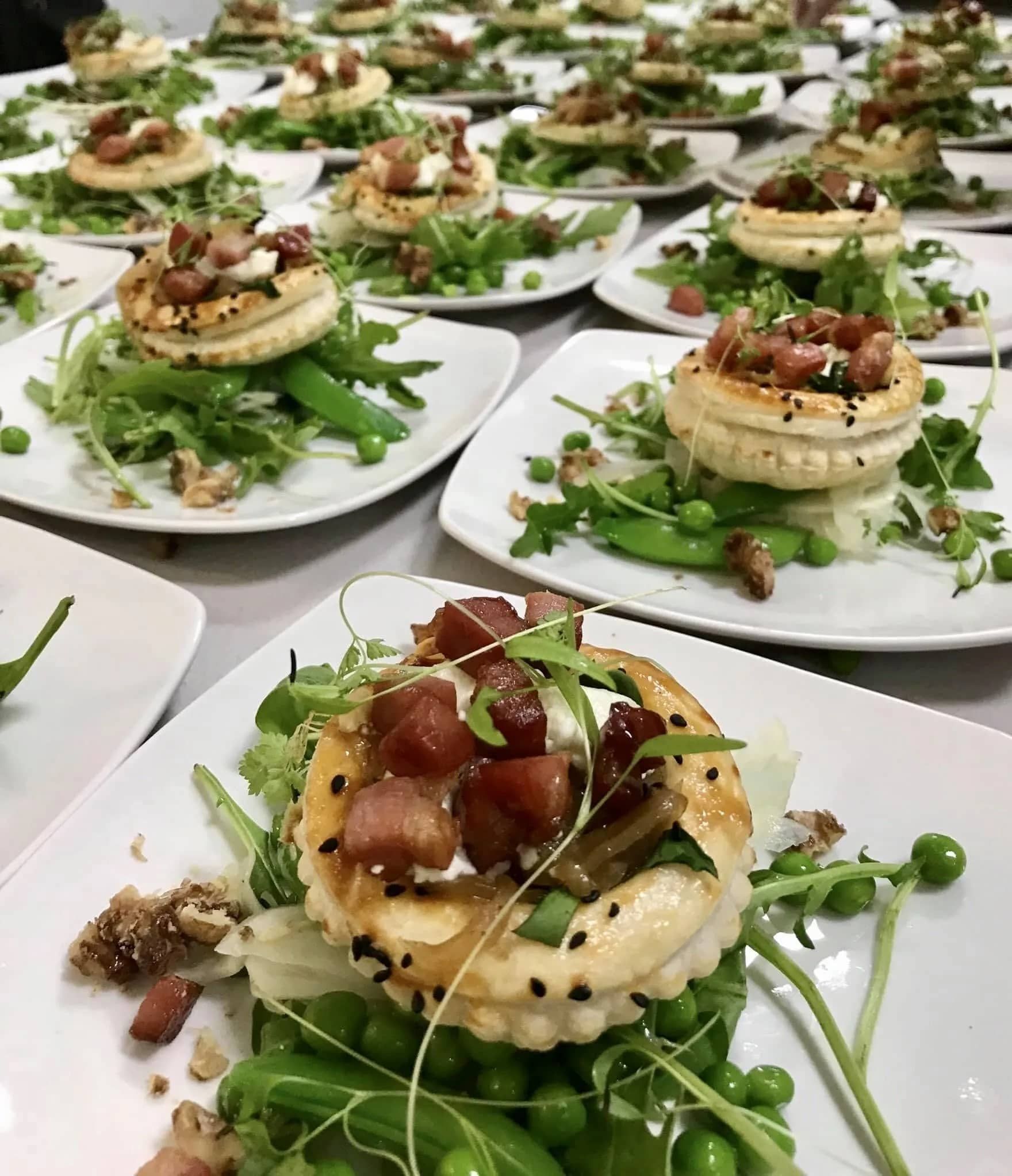 Puff pastry topped with bacon, greens and peas — Amanda Douglass Catering Service in Corlette, NSW