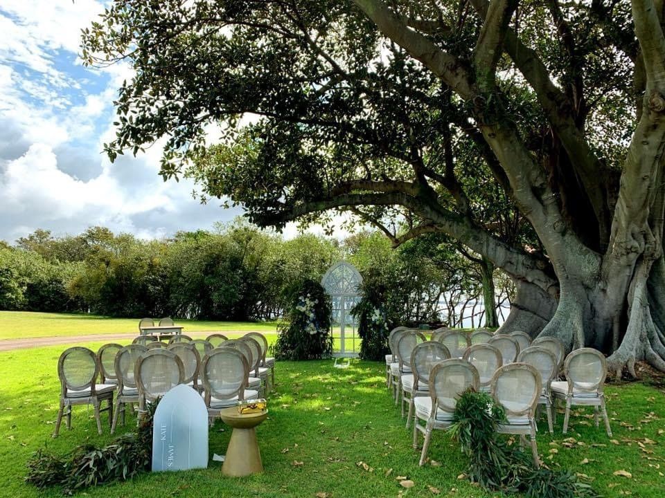 A wedding has been set up on a field under a large tree — Amanda Douglass Catering Service in Corlette, NSW