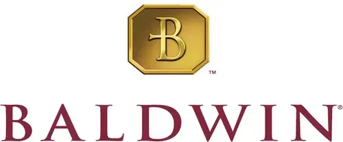 Baldwin logo with gold hexagon monogram above maroon “BALDWIN” text