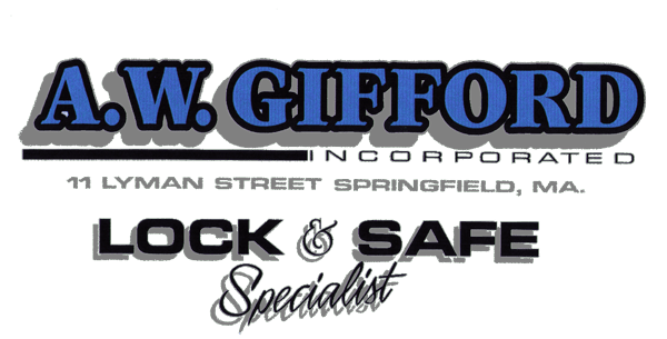 A.W. Gifford lock and safe specialist sign with address in North Springfield, MA, blue and black text