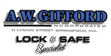 A.W. Gifford lock and safe specialist sign with address in North Springfield, MA, blue and black text
