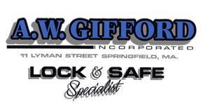 A.W. Gifford lock and safe specialist sign with address in North Springfield, MA, blue and black text