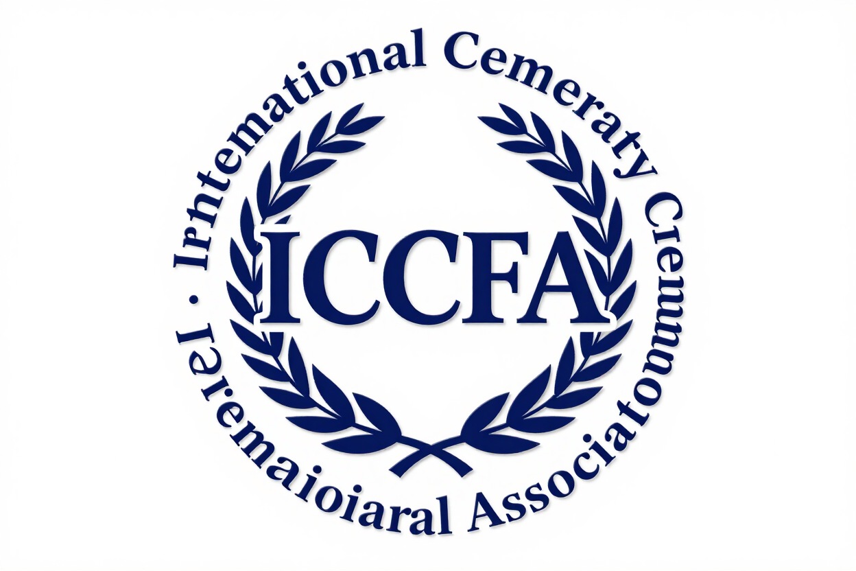 ICCFA logo with blue laurel wreath and circular text reading International Cemetery Cremation Funeral Association
