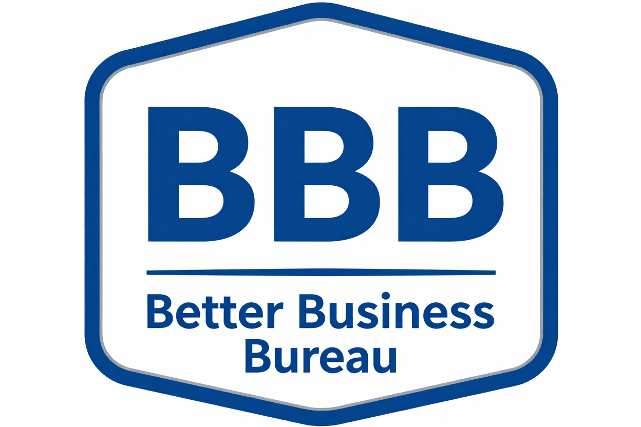 Better Business Bureau BBB blue logo in a hexagonal badge