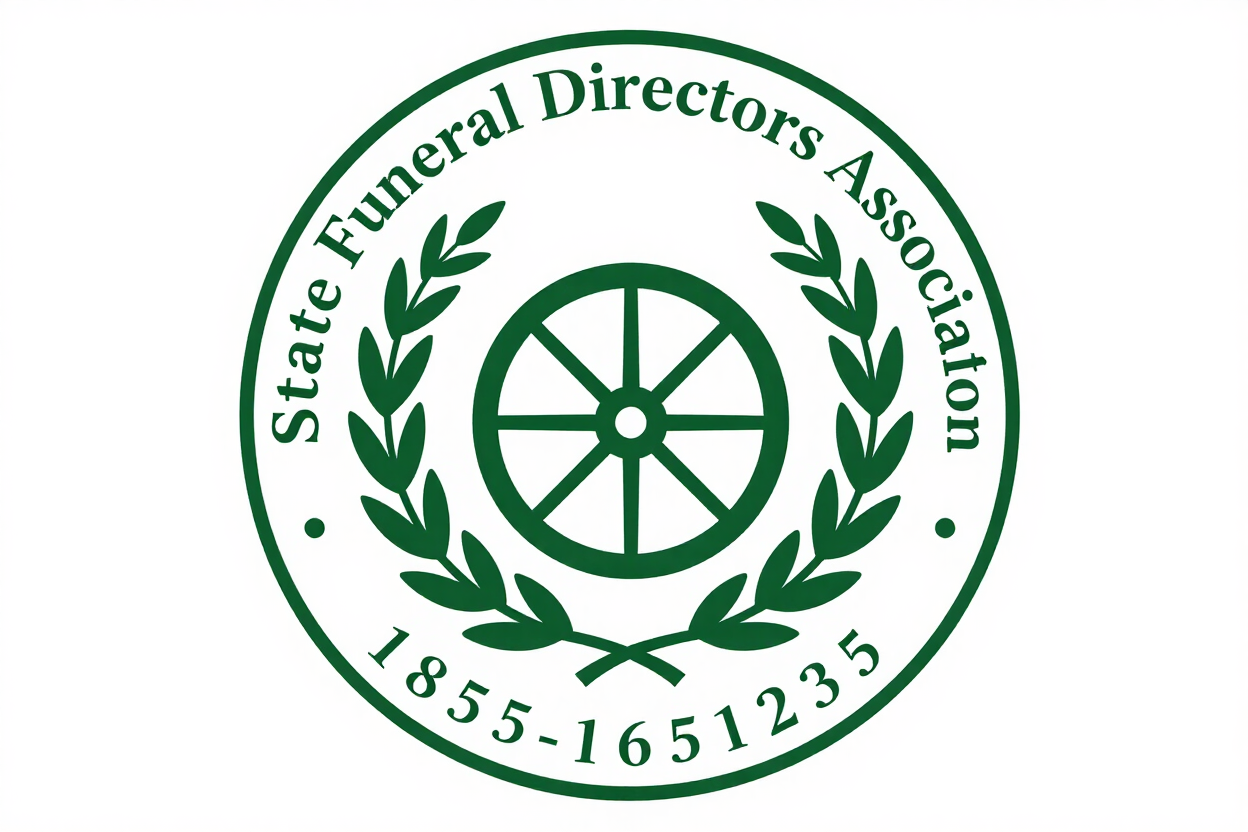Green circular seal for the State Funeral Directors Association with laurel wreath and wheel emblem, 1855–1651235