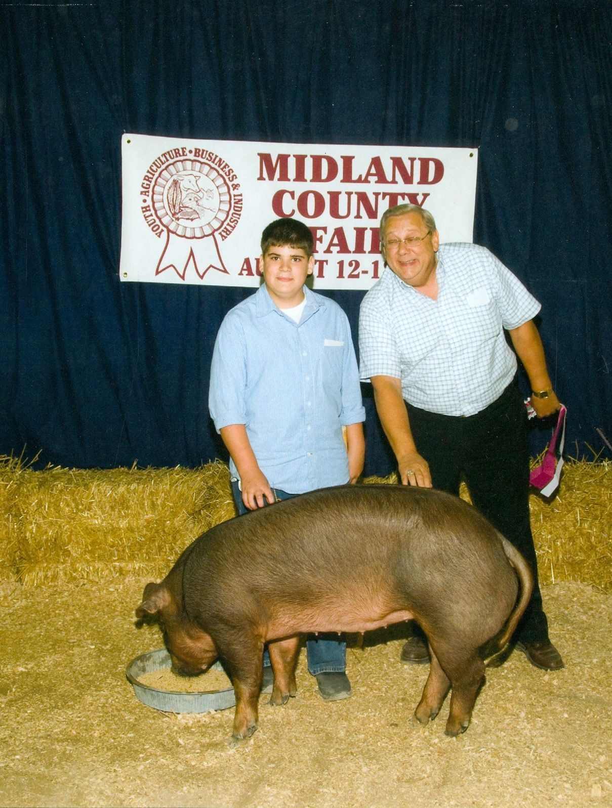 Two people stand beside a pig at the Midland County Fair show ring.