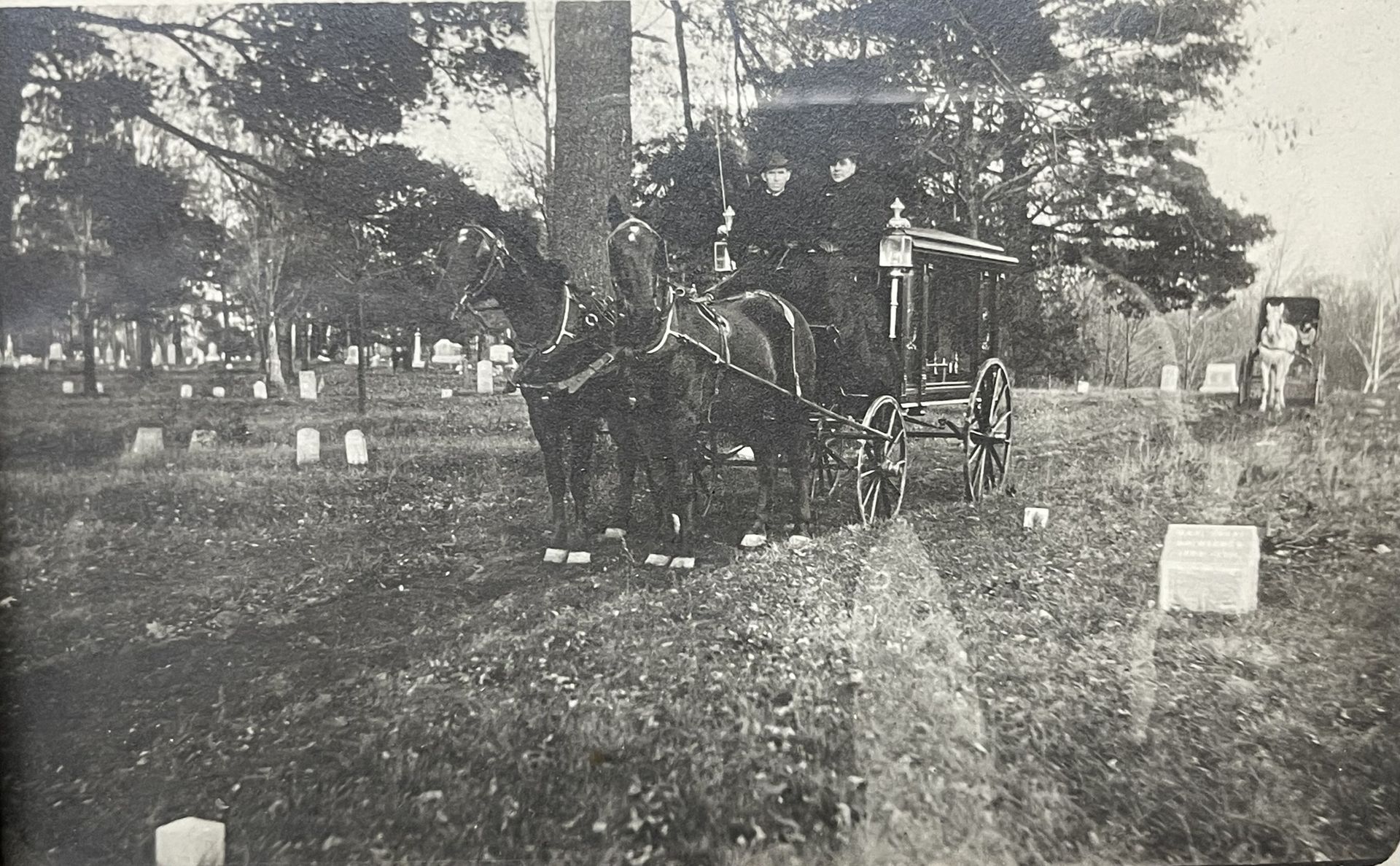 A horse-drawn carriage in a grassy cemetery with scattered tombstones and tall trees.