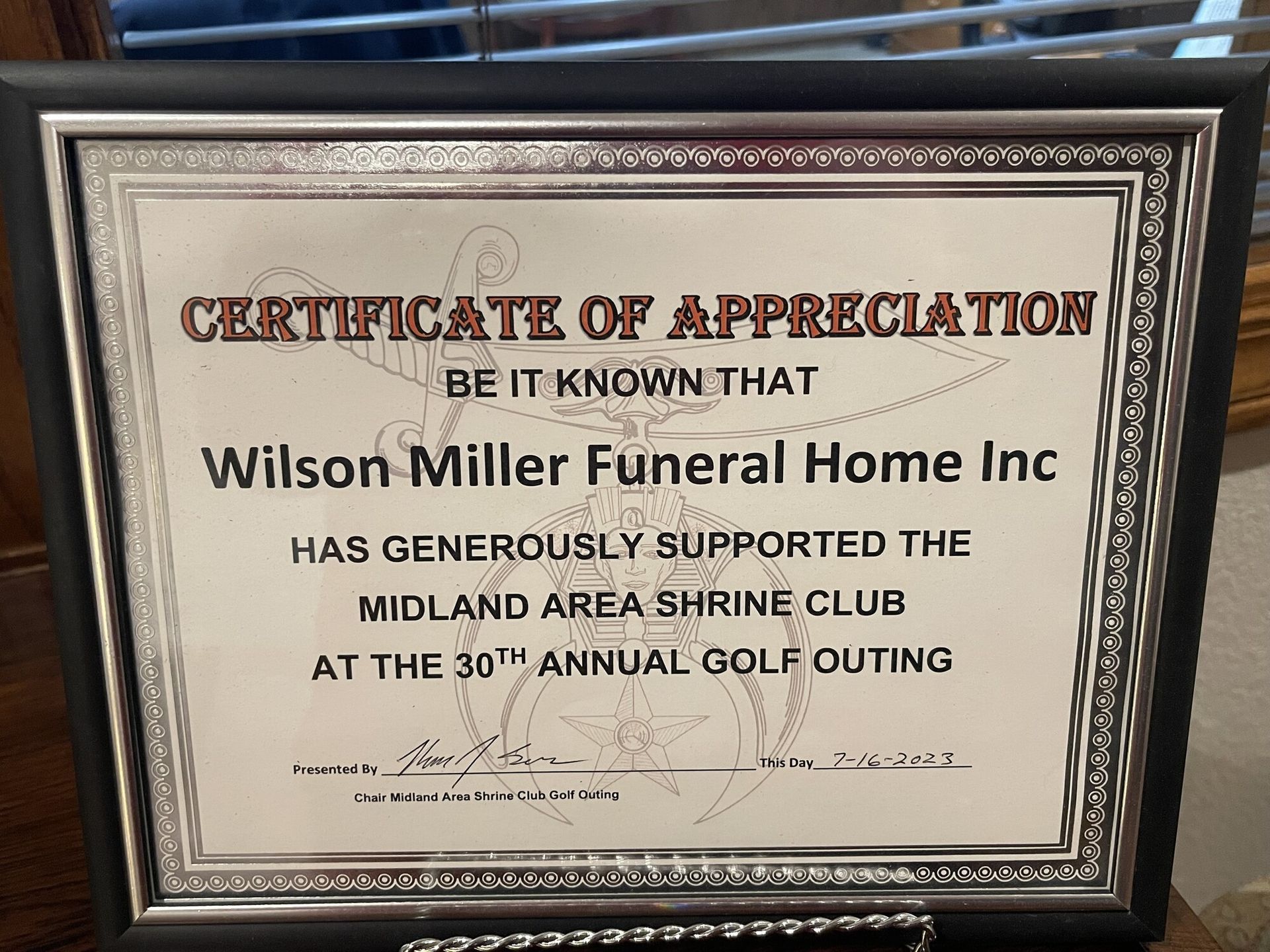 Framed certificate of appreciation for Wilson Miller Funeral Home Inc. from Midland Area Shrine Club