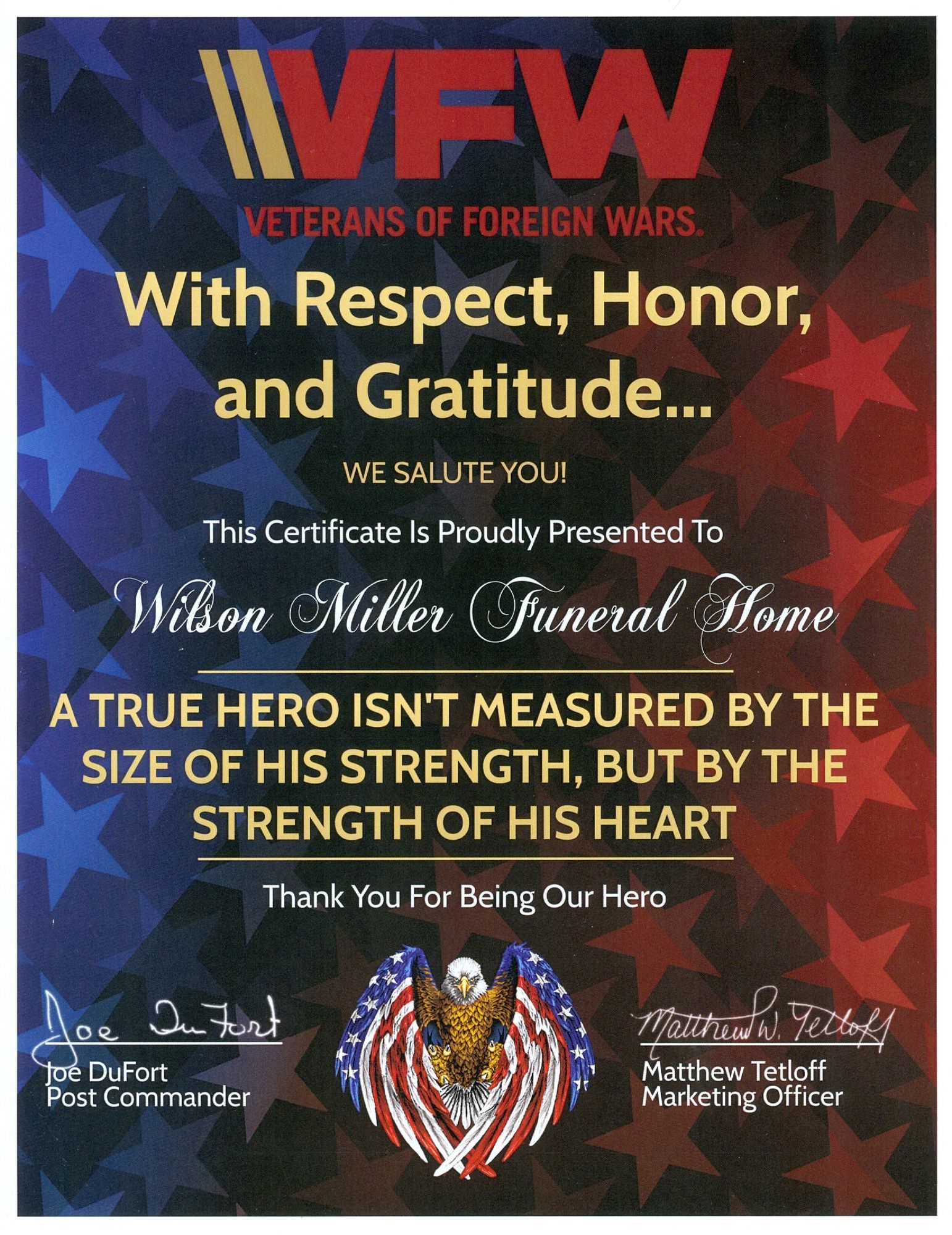 VFW certificate poster with stars and eagle, honoring a veteran with “With Respect, Honor, and Gratitude” text